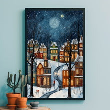 Winter Village Under Full Moon Poster - Snowy Christmas Scene Art Print, Contemporary Holiday Home Decor