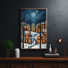 Winter Village Under Full Moon Poster - Snowy Christmas Scene Art Print, Contemporary Holiday Home Decor