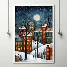 Winter Village Under Full Moon Poster - Snowy Christmas Scene Art Print, Contemporary Holiday Home Decor