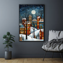 Winter Village Under Full Moon Poster - Snowy Christmas Scene Art Print, Contemporary Holiday Home Decor