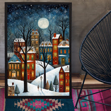 Winter Village Under Full Moon Poster - Snowy Christmas Scene Art Print, Contemporary Holiday Home Decor