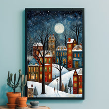 Winter Village Under Full Moon Poster - Snowy Christmas Scene Art Print, Contemporary Holiday Home Decor