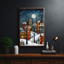 Winter Village Under Full Moon Poster - Snowy Christmas Scene Art Print, Contemporary Holiday Home Decor