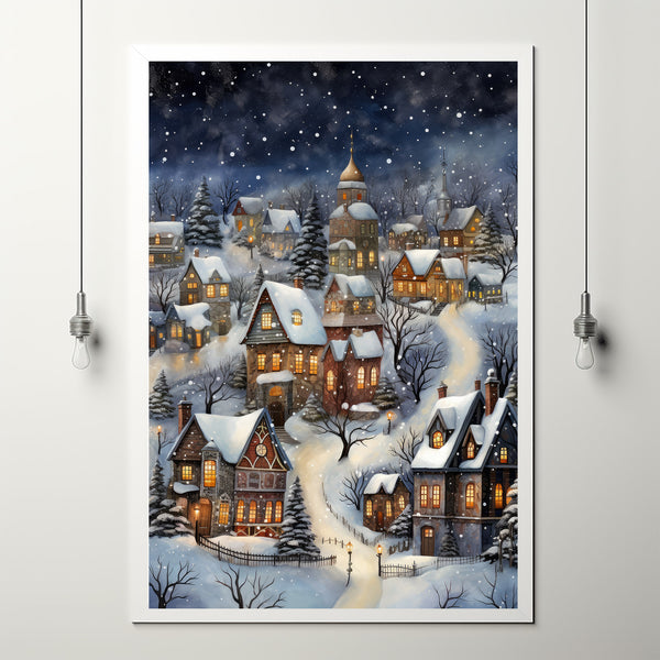 Winter Village Poster - Snowy Home Christmas Art Print, Modern Holiday Decor for Cozy Ambiance