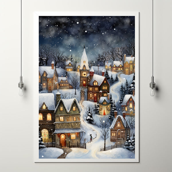 Modern winter village Christmas poster.