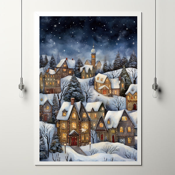 Winter Village Poster - Snowy Christmas Scene, Modern Home Art Print for Festive Decor