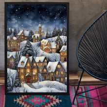 Winter Village Poster - Snowy Christmas Scene, Modern Home Art Print for Festive Decor