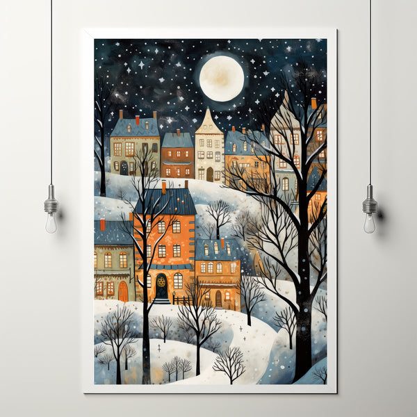 Winter Village Poster - Snowy Christmas Scene, Modern Home Art Print for Festive Decor