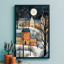 Winter Village Poster - Snowy Christmas Scene, Modern Home Art Print for Festive Decor