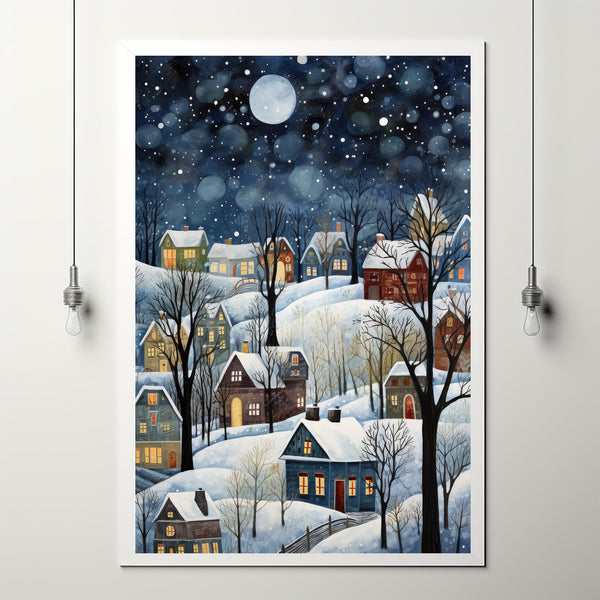 Modern Winter Village Art Poster - Snowy Home Scene, Christmas Oil Painting Style Digital Print for Elegant Holiday Decor