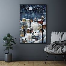 Modern Winter Village Art Poster - Snowy Home Scene, Christmas Oil Painting Style Digital Print for Elegant Holiday Decor