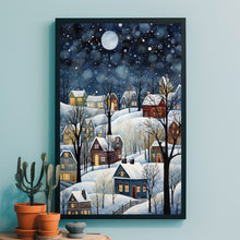 Modern Winter Village Art Poster - Snowy Home Scene, Christmas Oil Painting Style Digital Print for Elegant Holiday Decor