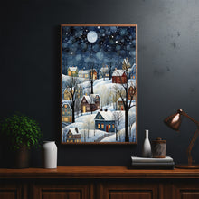 Modern Winter Village Art Poster - Snowy Home Scene, Christmas Oil Painting Style Digital Print for Elegant Holiday Decor