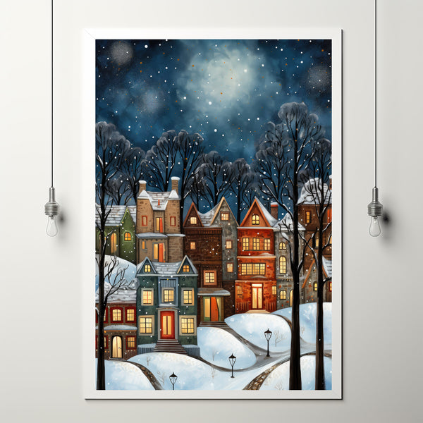 Modern Winter Village Art Poster - Snowy Christmas Scene, Oil Painting Style Digital Print for Holiday Home Decor