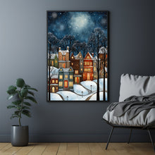 Modern Winter Village Art Poster - Snowy Christmas Scene, Oil Painting Style Digital Print for Holiday Home Decor