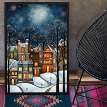 Modern Winter Village Art Poster - Snowy Christmas Scene, Oil Painting Style Digital Print for Holiday Home Decor