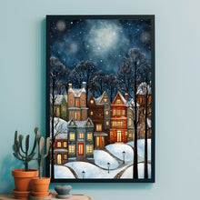 Modern Winter Village Art Poster - Snowy Christmas Scene, Oil Painting Style Digital Print for Holiday Home Decor