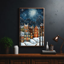 Modern Winter Village Art Poster - Snowy Christmas Scene, Oil Painting Style Digital Print for Holiday Home Decor