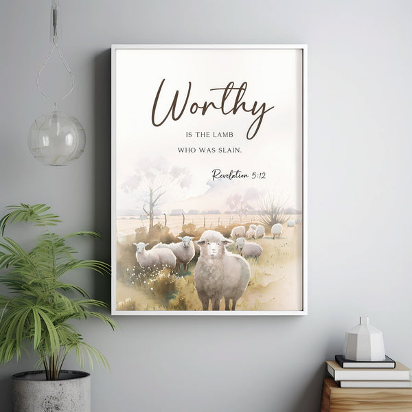 Worthy is the lamb who was slain Bible Verse Poster wall art, Revelation 512 Modern Christian watercolor Easter Decoration artwork print
