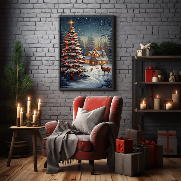 Christmas Tree in Warm Village Poster - Cozy Xmas Decor | Nostalgic Vintage Holiday Art Print