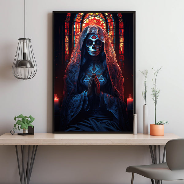 Mexican Catrina Praying in Surrealist Portrait Poster - Captivating Mexican Artwork