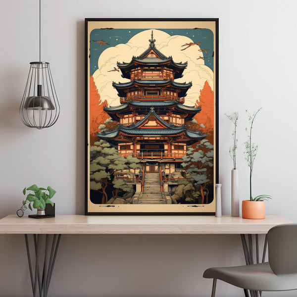 Asian Building with Japanese Elements Poster - Ukiyo-e Style Landscape & Seascape Wall Art