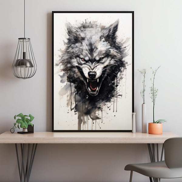 Angry Wolf Ink Splashing Japanese Sumi-e Poster - Dynamic and Artistic Wall Art