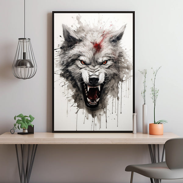 Angry Wolf Ink Splashing Japanese Sumi-e Poster - Dynamic and Artistic Wall Art