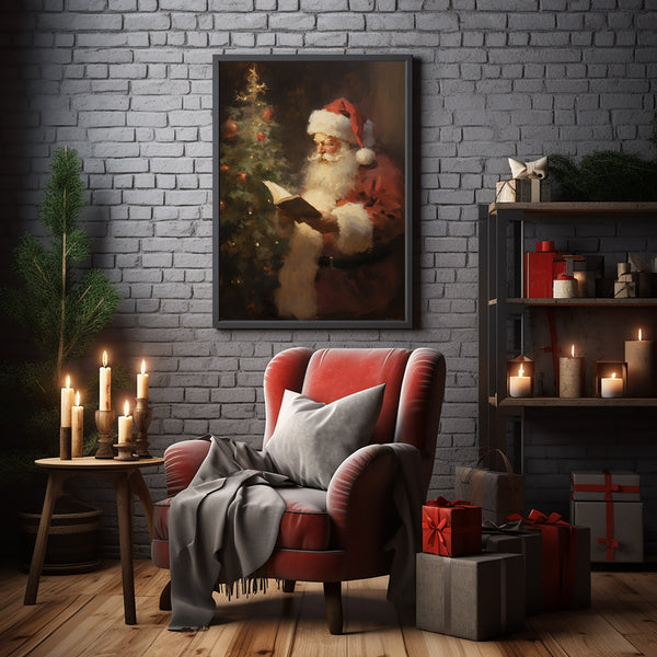 Christmas Wall Art, Santa Claus Reading Oil Painting Poster - Captivating Christmas Wall Art for Festive Ambiance