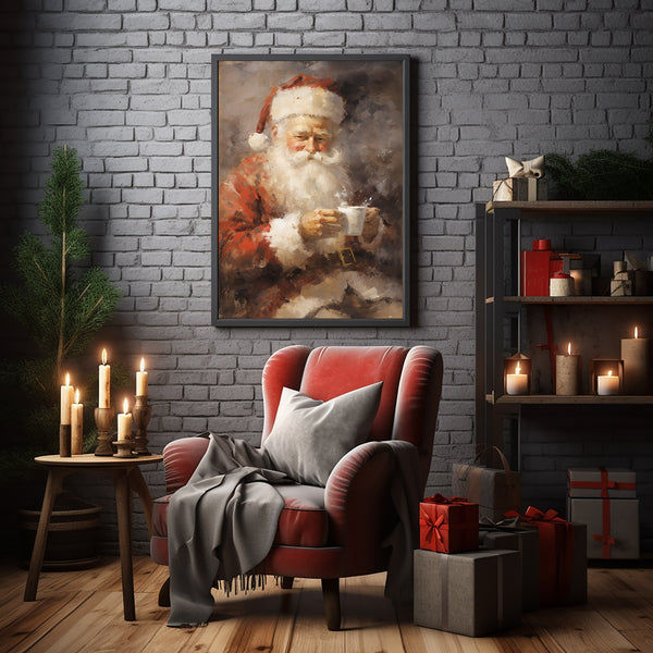 Santa Claus Drinking Coffee Oil Painting Poster - Enchanting Christmas Wall Art for a Festive Ambiance