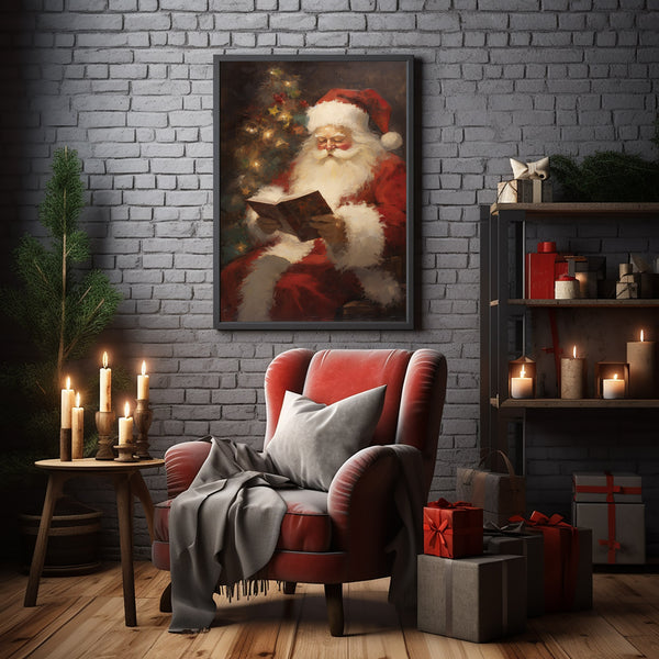 Santa Claus Reading Oil Painting Poster - Classic Christmas Wall Art for a Festive Atmosphere