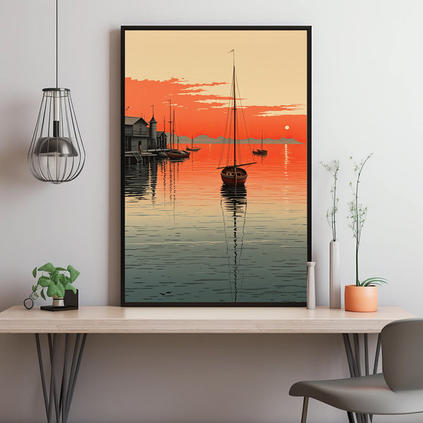 Quiet Fishing Harbor at Sunset - Japanese  Style Poster | Japanese Landscape & Seascape Wall Art | Ukiyo-e Prin