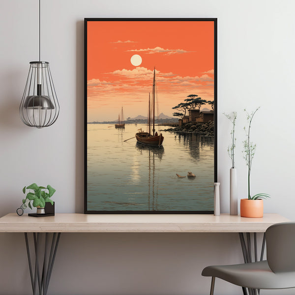 Quiet Fishing Harbor at Sunset - Japanese Style Poster | Japanese Landscape & Seascape Wall Art | Ukiyo-e Print