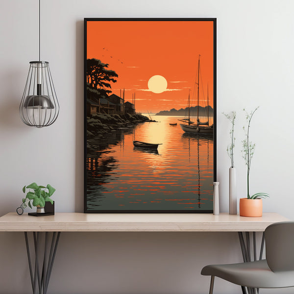 Quiet Fishing Harbor at Sunset - Japanese  Style Poster | Japanese Landscape & Seascape Wall Art | Ukiyo-e Print