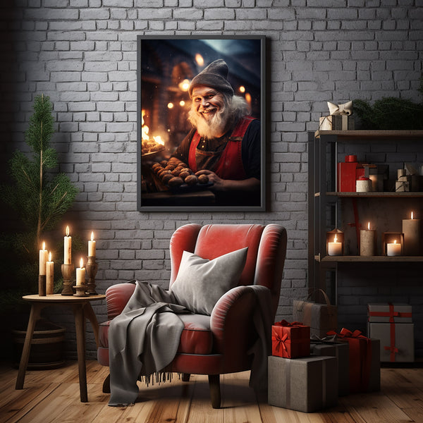 Santa Claus Making Pizza in the Kitchen Poster - Unique Christmas Decor | Festive Holiday Art