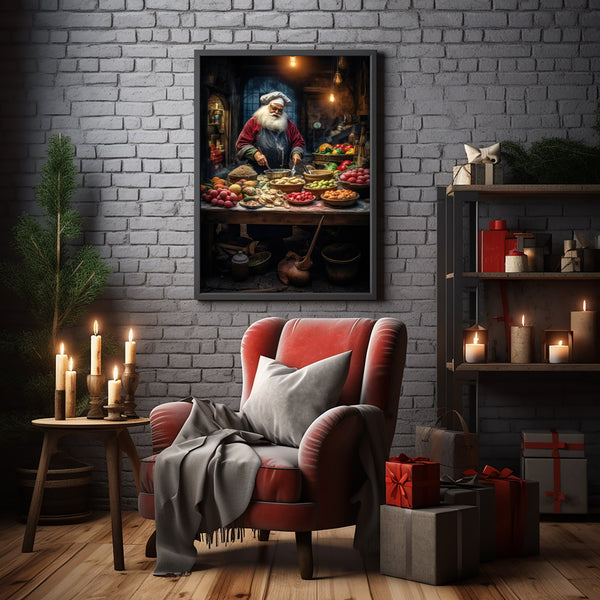Santa Claus Making Pizza in the Kitchen Poster - Unique Christmas Decor | Festive Holiday Art