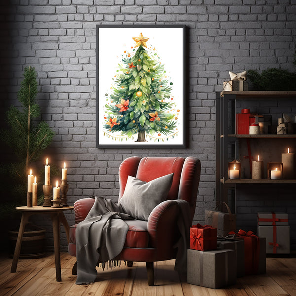 Watercolor Nursery Christmas Tree Decorated Poster - Whimsical Christmas Wall Art for Festive Charm