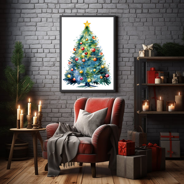 Watercolor Nursery Christmas Tree Decorated Poster - Whimsical Christmas Wall Art for Festive Charm