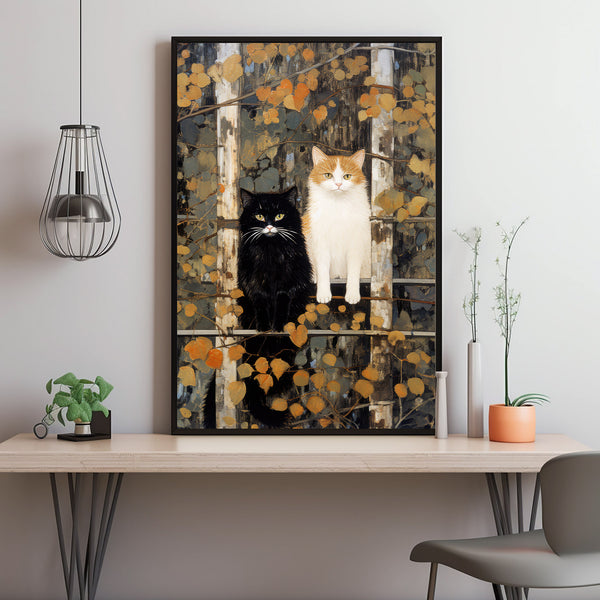 Cats on a Fence Painting Poster - Whimsical Cats and Tree Wall Art | Perfect for Cat Enthusiasts