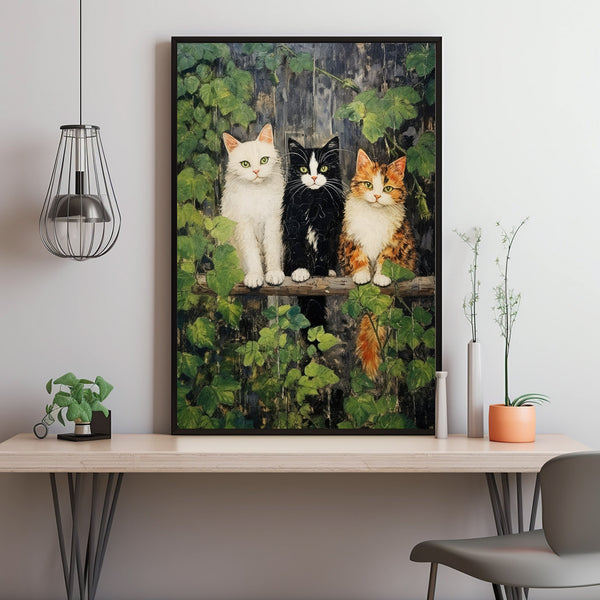 Cats on a Fence Painting Poster - Charming Oil Painting Artwork | Perfect for Cat Lovers