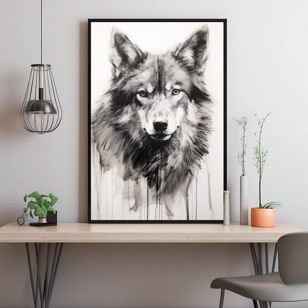 Wolf Oil Painting in Black and White Poster - Striking Wall Art for Wolf Lovers