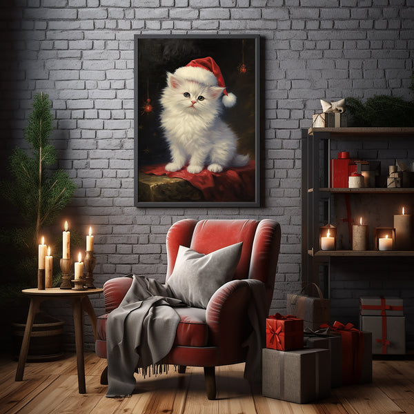 Christmas Cat in Santa Hat Under Starry Sky - Aesthetic Poster | Vintage Xmas Decor Art Print for Festive Ambiance