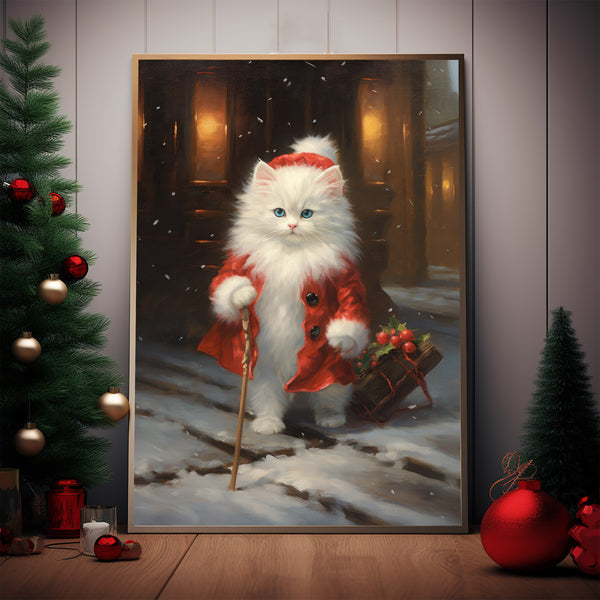 Santa Claus Cat Poster - Festive Feline Xmas Decor | Charming Vintage Holiday Art Print