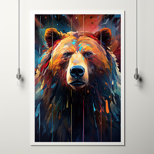 Colorful Grizzly Bear Oil Painting Print - Neon Framed Canvas Wall Art for Modern Home Lodge Decor, Perfect for Living Room and Dining Room