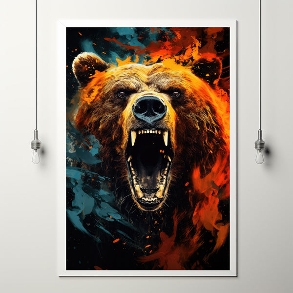 Colorful Grizzly Bear Oil Painting Print - Neon Framed Canvas Wall Art for Modern Home Lodge Decor, Perfect for Living Room and Dining Room