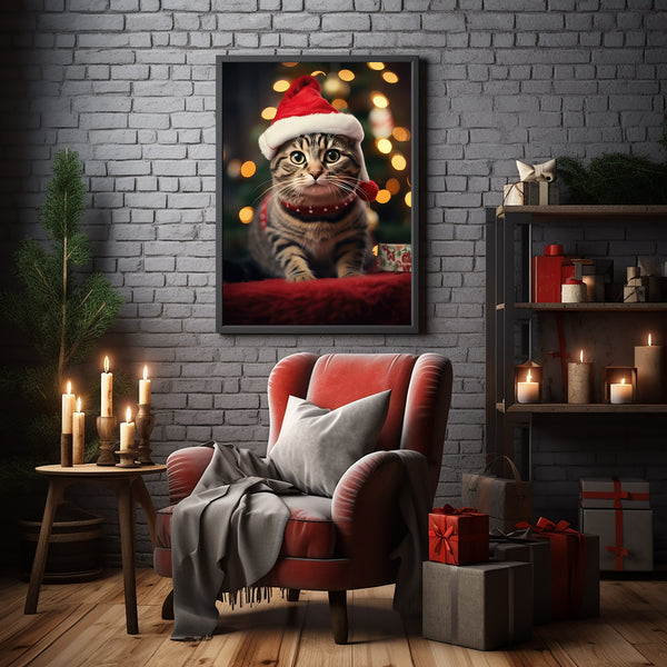 Happy Tabby Cat Poster - Cheerful Xmas Decor | Nostalgic Vintage Christmas Holiday Art Print