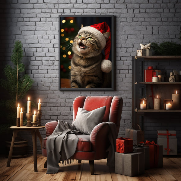 Happy Tabby Cat Poster - Cheerful Xmas Decor | Nostalgic Vintage Christmas Holiday Art Print