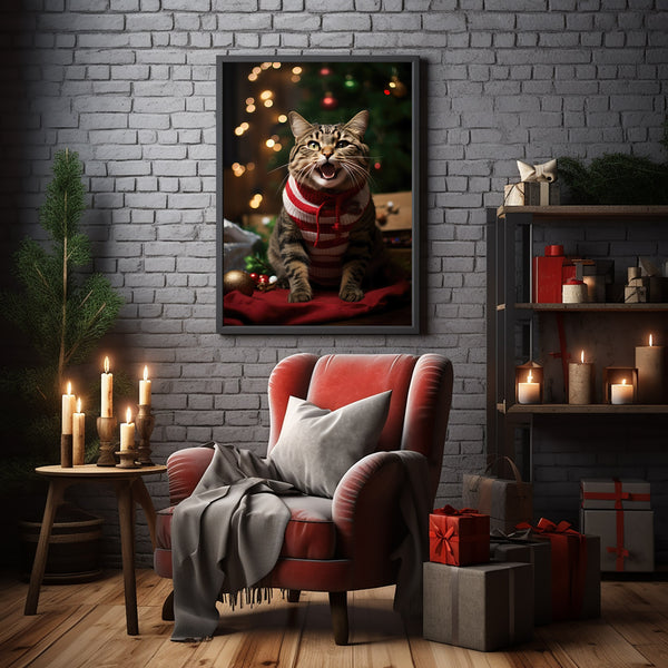 Happy Tabby Cat Poster - Joyful Xmas Decor | Nostalgic Vintage Christmas Holiday Art Print