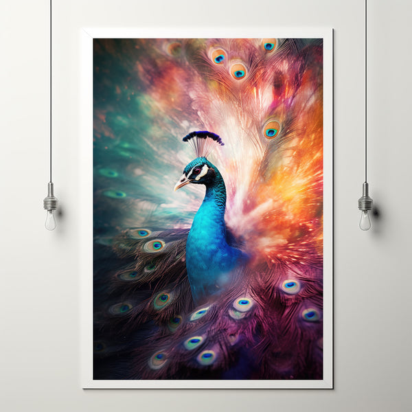 Colorful Peacock Double Exposure Poster - Majestic Tail Spread Art - Vibrant and Ethereal Wall Deco