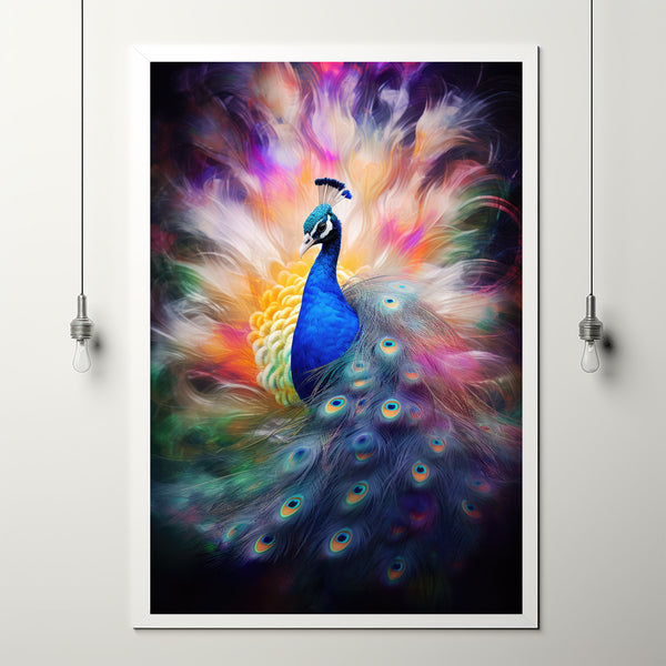 Colorful Peacock Double Exposure Poster - Majestic Tail Spread Art - Vibrant and Ethereal Wall Deco